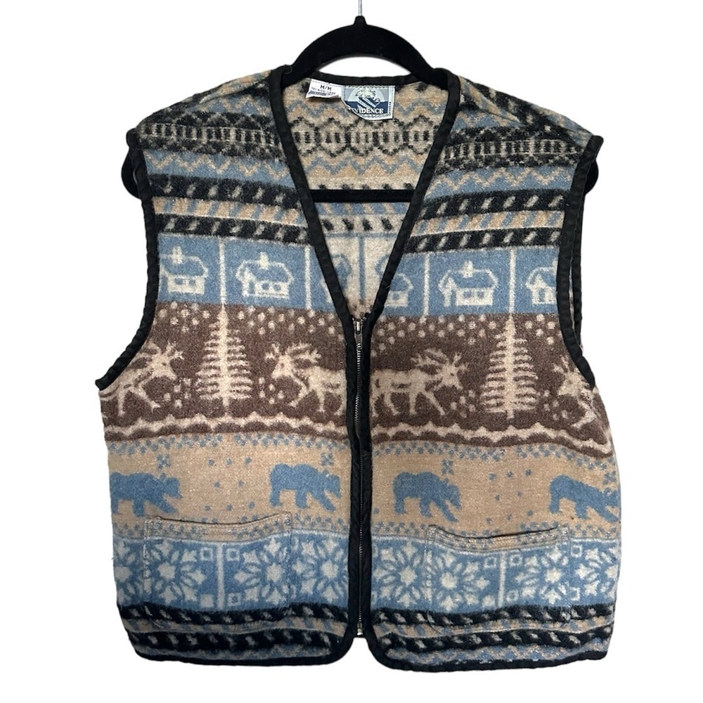 Vintage Vest Wool Neutral Evidence Pattern Brown and Blue Warm and Cozy Vest - Picture 1 of 13